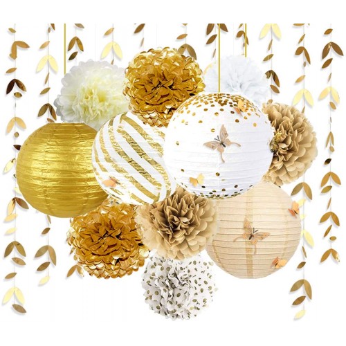 White and Gold Party Decoration Kit Lanterns Flowers Pom Pom with Gold 3D Butterfly Stickers and Leaf Garland Streamers for Birthday Engagement Wedding Bridal Shower Bachelorette Party Decor Supplies