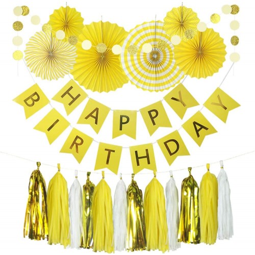 Yellow Birthday Party Decoration 6 Hanging Fans & Birthday Banner & Decorative Circle Dot Garland & 12 Paper Tassels for Birthday Party Baby Shower Wedding etc.