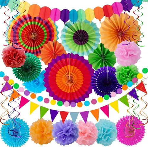 YOLETO Paper Fans Party Decorations 33PCS Rainbow Birthday Decor Streamers Hanging Colorful Fiesta Party Supplies for Wall Paper Flowers Decorations for Girls and Women Multicolored