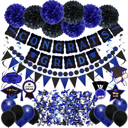 ZERODECO Graduation Decorations Black and Blue Congrats Grad Banner Paper Pompoms Hanging Swirls Graduation Confetti Paper Garland Party Balloons for Party Decoration Supplies
